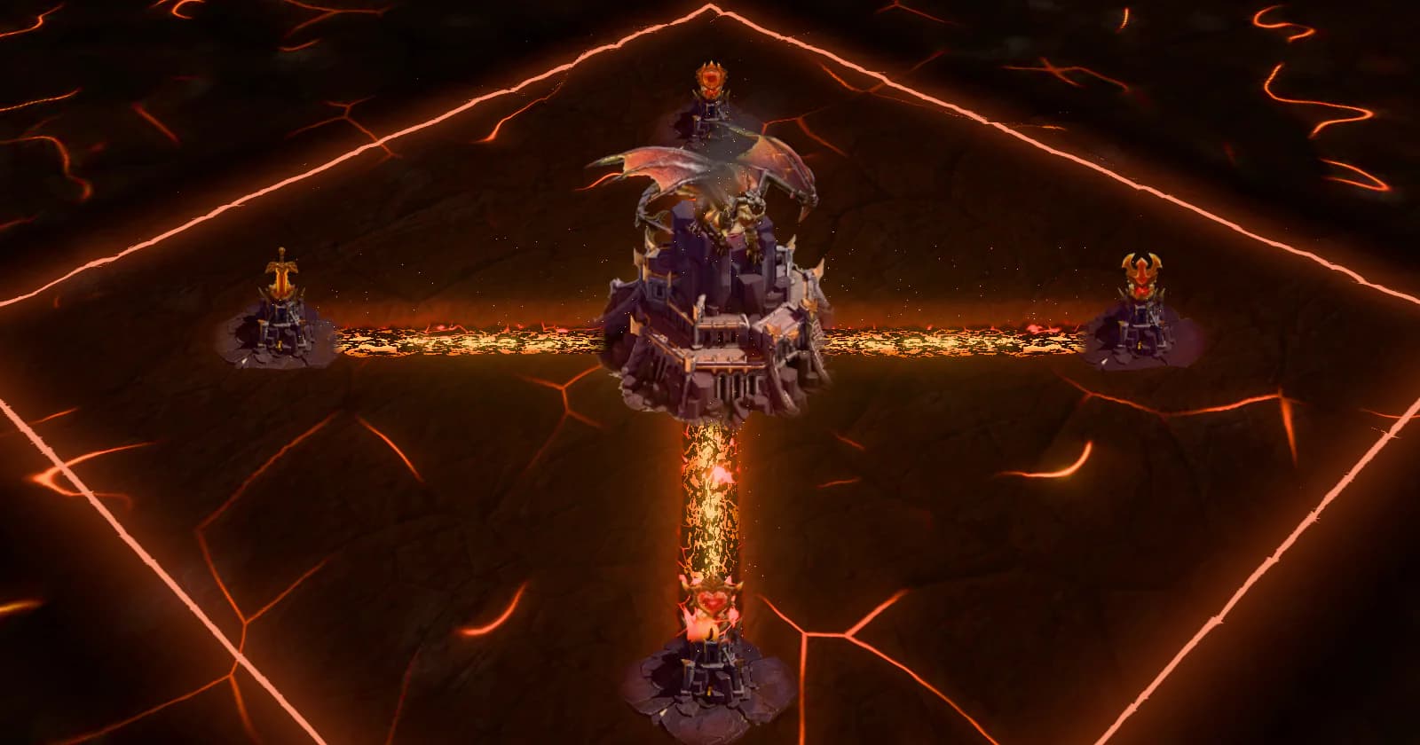 The Flamedragon battlefield: the Palace with its dragon, an Aerie at the end of each lava pit, and a block of Towns