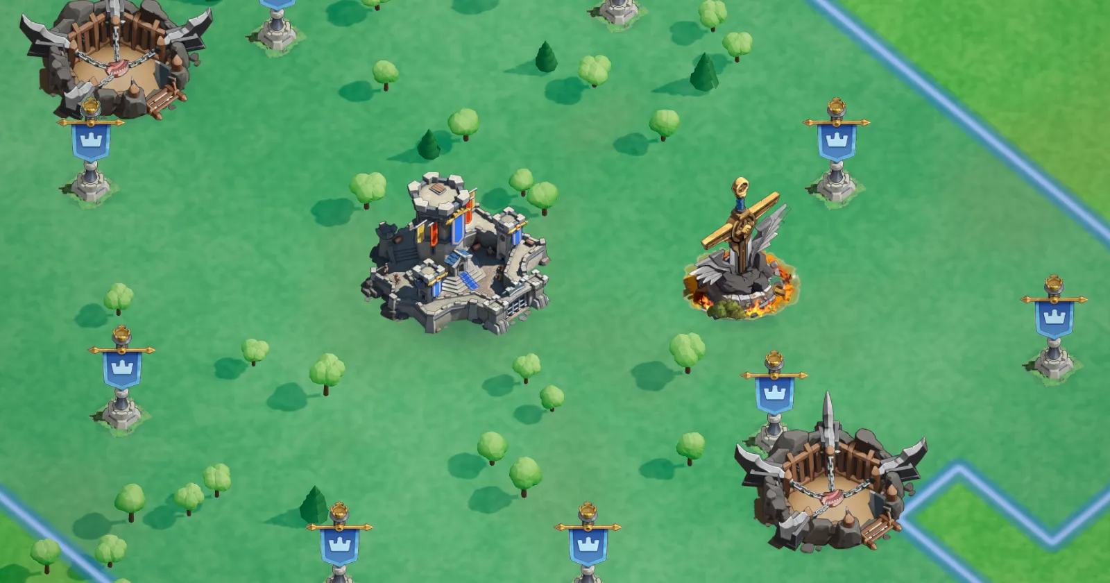 The alliance map: the HQ, two Bear Traps, banners and a gold statue, as the game draws them